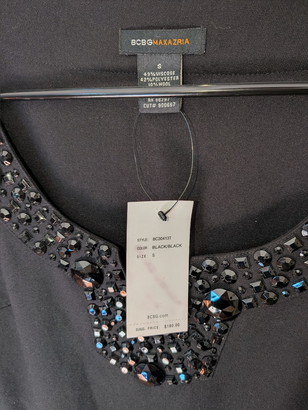BCBGMaxAzria Black Jeweled V-Neck Long Sleeve Top - Picture 3 of 7
